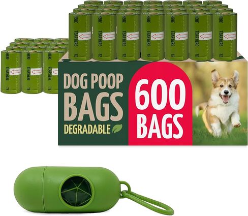 Reli. Biodegradable Dog Poop Bags Rolls (600 Pack, 40 Rolls) | 9"x13" Oxodegradable | Large Dog Poop Bags | Unscented, Leak Proof for Doggie/Pet Waste | Green Eco-Friendly | w/Leash Clip Holder in Kuwait