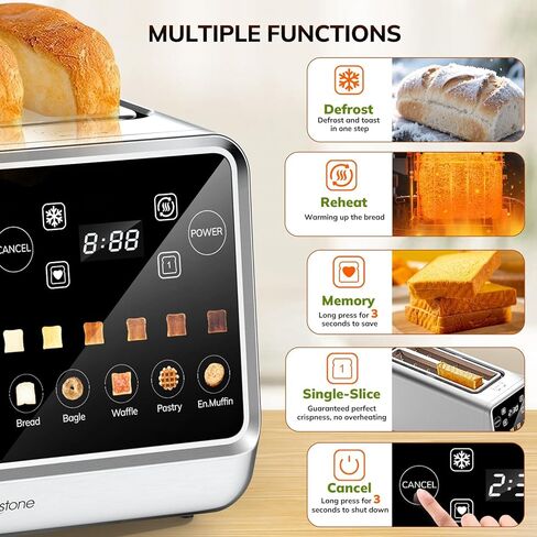 Keenstone 4 Slice Touch Screen Toasters with Wide Slot, 1400W Stainless Steel Smart Toaster for Bagels, Waffles, Muffin - Timer, Defrost, Reheat & Memory Function, Family Breakfast Toaster in Kuwait