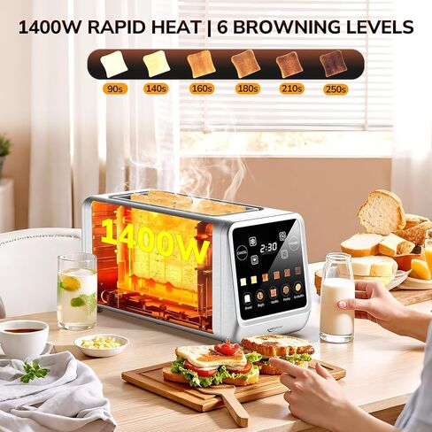 Keenstone 4 Slice Touch Screen Toasters with Wide Slot, 1400W Stainless Steel Smart Toaster for Bagels, Waffles, Muffin - Timer, Defrost, Reheat & Memory Function, Family Breakfast Toaster in Kuwait