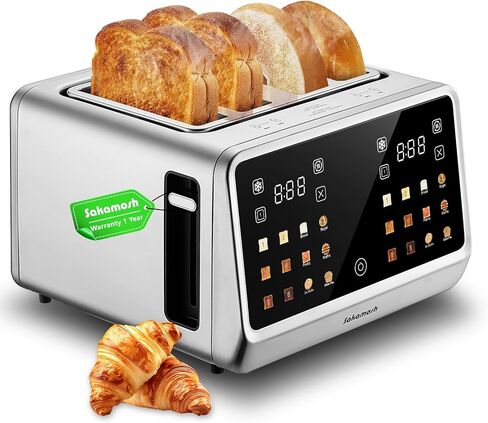 SAKAMOSH 4 Slice Touch Screen Toaster with Dual Control Panel, Wide Slots Smart Digital Toaster with 6 Browning Levels & Bread Type, Single Slice Toasting/Reheat/Defrost/Cancel, 1800W, Stainless Steel in Kuwait