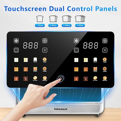 SAKAMOSH 4 Slice Touch Screen Toaster with Dual Control Panel, Wide Slots Smart Digital Toaster with 6 Browning Levels & Bread Type, Single Slice Toasting/Reheat/Defrost/Cancel, 1800W, Stainless Steel in Kuwait