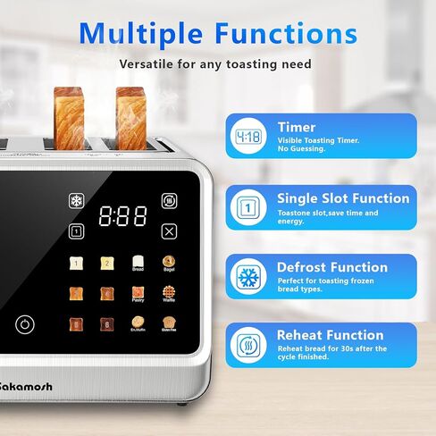 SAKAMOSH 4 Slice Touch Screen Toaster with Dual Control Panel, Wide Slots Smart Digital Toaster with 6 Browning Levels & Bread Type, Single Slice Toasting/Reheat/Defrost/Cancel, 1800W, Stainless Steel in Kuwait