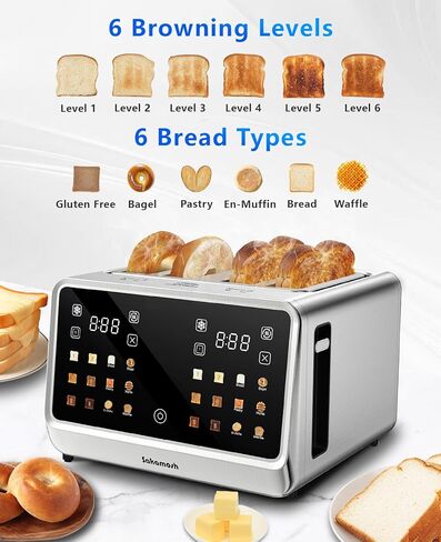 SAKAMOSH 4 Slice Touch Screen Toaster with Dual Control Panel, Wide Slots Smart Digital Toaster with 6 Browning Levels & Bread Type, Single Slice Toasting/Reheat/Defrost/Cancel, 1800W, Stainless Steel in Kuwait