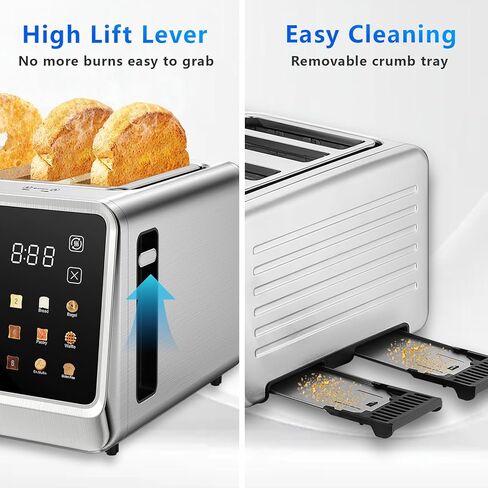 SAKAMOSH 4 Slice Touch Screen Toaster with Dual Control Panel, Wide Slots Smart Digital Toaster with 6 Browning Levels & Bread Type, Single Slice Toasting/Reheat/Defrost/Cancel, 1800W, Stainless Steel in Kuwait