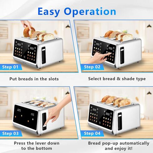 SAKAMOSH 4 Slice Touch Screen Toaster with Dual Control Panel, Wide Slots Smart Digital Toaster with 6 Browning Levels & Bread Type, Single Slice Toasting/Reheat/Defrost/Cancel, 1800W, Stainless Steel in Kuwait