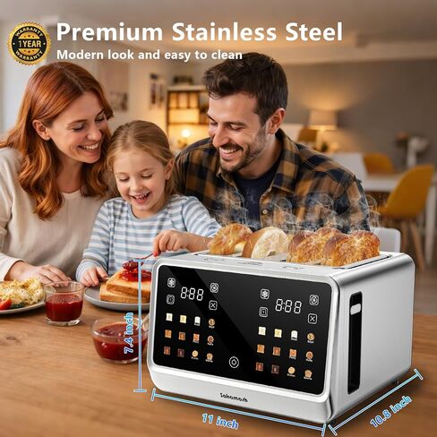 SAKAMOSH 4 Slice Touch Screen Toaster with Dual Control Panel, Wide Slots Smart Digital Toaster with 6 Browning Levels & Bread Type, Single Slice Toasting/Reheat/Defrost/Cancel, 1800W, Stainless Steel in Kuwait
