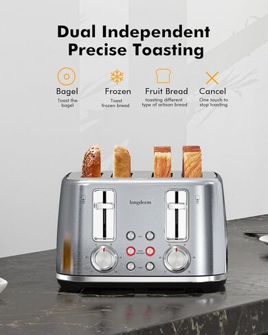 Retro 4 Slice Toaster with Stainless Steel Wide Slots & Removable Crumb Tray, 6 Browning Options, Auto Shut Off & Frozen Function for Fruit Bread, Bagel, Waffle, Silver in Kuwait