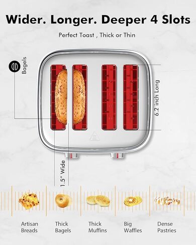 Retro 4 Slice Toaster with Stainless Steel Wide Slots & Removable Crumb Tray, 6 Browning Options, Auto Shut Off & Frozen Function for Fruit Bread, Bagel, Waffle, Silver in Kuwait
