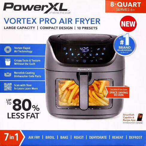 مقلاة هوائية PowerXL 8QT Vortex Pro SmartTech واي فاي/بلوتوث، 7 في 1، 10 إعدادات مسبقة، أسود/أردوازي in Kuwait