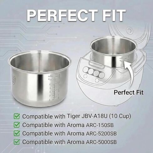 وعاء بديل لطباخ الأرز، متوافق مع Tiger JBV-A18U، بطانة داخلية غير مطلية من الفولاذ المقاوم للصدأ 304، سهلة التنظيف وإدخال آمن للغسل في غسالة الأطباق in Kuwait