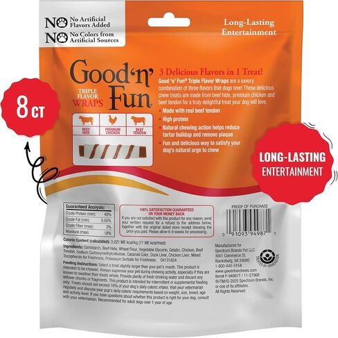 GOOD 'N' FUN أغلفة ثلاثية النكهة مع مضغ أوتار لحم البقر، علاج عالي البروتين للكلاب البالغة لجميع الكلاب البالغة، مصنوع من لحم البقر الحقيقي، أوتار الدجاج ولحم البقر، 8 قطع in Kuwait
