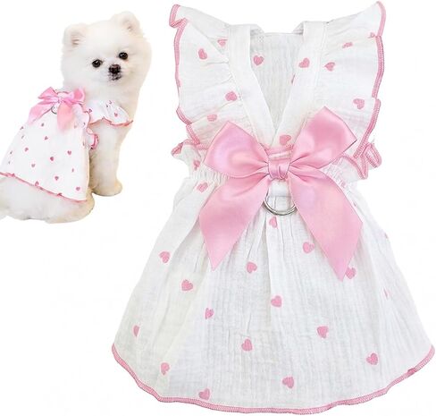 Dog Dress for Small Dog Girl Puppy Cat Clothes Bowknot Heart Print Ruffled Summer Pet Apparel Holiday Birthday Party Cute Skirt for Puppy Kitten(Pink, S) in Saudi Arabia