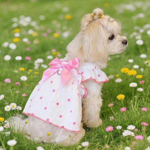 Dog Dress for Small Dog Girl Puppy Cat Clothes Bowknot Heart Print Ruffled Summer Pet Apparel Holiday Birthday Party Cute Skirt for Puppy Kitten(Pink, S) in Saudi Arabia