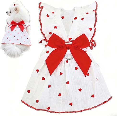 Dog Dress for Small Dog Girl Puppy Cat Clothes Bowknot Heart Print Ruffled Summer Pet Apparel Holiday Birthday Party Cute Skirt for Puppy Kitten(Pink, S) in Kuwait
