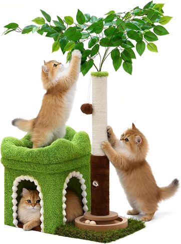 شجرة قطط صغيرة من Woochpet مع عمود خدش ومسار كروي، برج قطط أخضر بأوراق نابضة بالحياة للقطط الصغيرة والقطط الصغيرة، مسكن للقطط ببابين وألعاب تفاعلية للقطط للقطط الداخلية in Kuwait