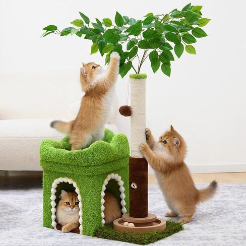 شجرة قطط صغيرة من Woochpet مع عمود خدش ومسار كروي، برج قطط أخضر بأوراق نابضة بالحياة للقطط الصغيرة والقطط الصغيرة، مسكن للقطط ببابين وألعاب تفاعلية للقطط للقطط الداخلية in Kuwait