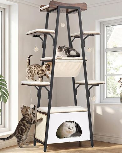 46-Inch Modern Cat Tree Tower for Large Cats, Multi-Level Cat Tower with Playful Toy Balls, Large Perch, Cat Condo, Removable Pads, White in Saudi Arabia