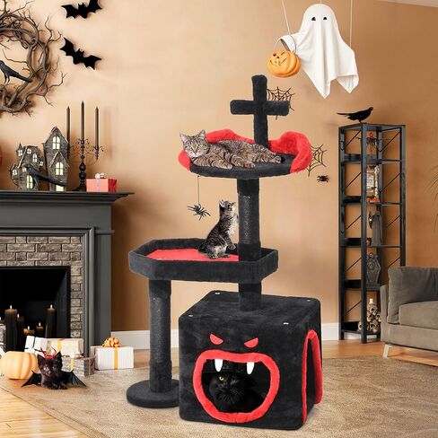 YITAHOME Gothic Cat Tree, 38.6 Inches Gothic Tower Condo with Scratching Post, Cat Tower for Indoor Cats, Sisal Pole, Soft Platform,Spider Hanging Ball, Black and Red in Kuwait
