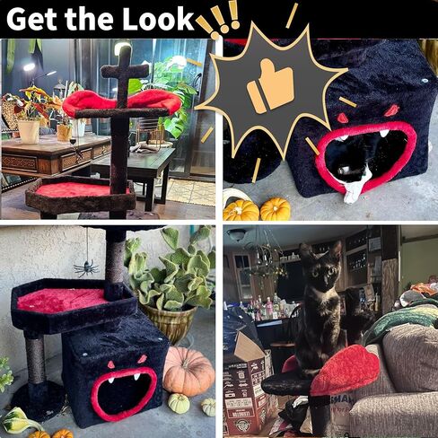 YITAHOME Gothic Cat Tree, 38.6 Inches Gothic Tower Condo with Scratching Post, Cat Tower for Indoor Cats, Sisal Pole, Soft Platform,Spider Hanging Ball, Black and Red in Kuwait
