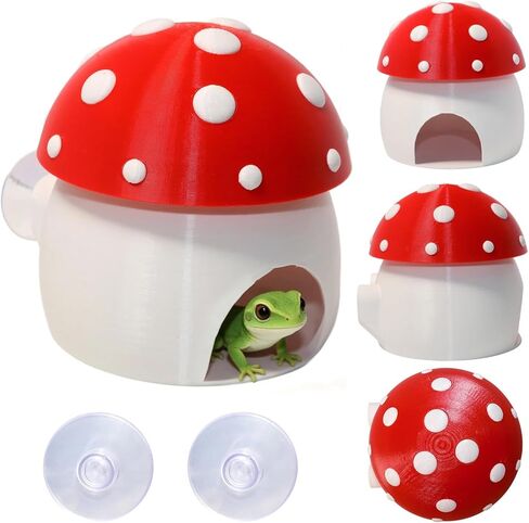 3D Red Mushroom House Reptile Hides and Caves, Reptile Hideout Shelter for Geckos Bearded Dragons Chameleons Frogs with Dual Suction Cups for Wall or Ground in Kuwait