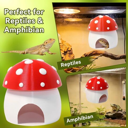 3D Red Mushroom House Reptile Hides and Caves, Reptile Hideout Shelter for Geckos Bearded Dragons Chameleons Frogs with Dual Suction Cups for Wall or Ground in Kuwait