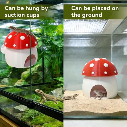 3D Red Mushroom House Reptile Hides and Caves, Reptile Hideout Shelter for Geckos Bearded Dragons Chameleons Frogs with Dual Suction Cups for Wall or Ground in Kuwait