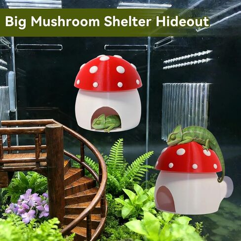 3D Red Mushroom House Reptile Hides and Caves, Reptile Hideout Shelter for Geckos Bearded Dragons Chameleons Frogs with Dual Suction Cups for Wall or Ground in Kuwait