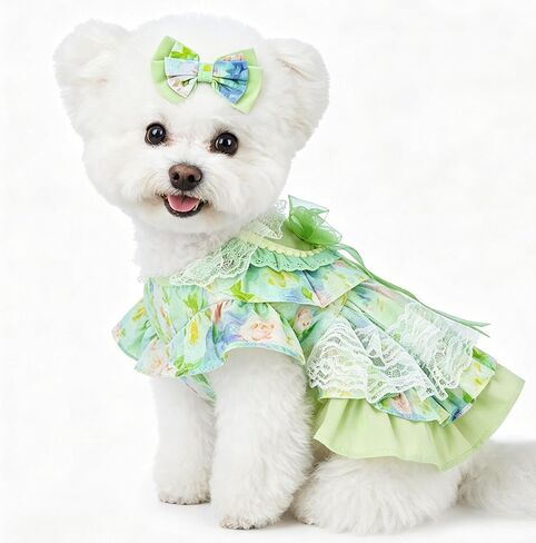 Spring Dog Dress, Floral Princess Dog Dress, Multi-Layer Ruffle Skirt with Soft Mesh & Lace Fabric, Girl Dog Clothes for Holiday, Birthday, Wedding, Party, Photoshoot (L) in Kuwait