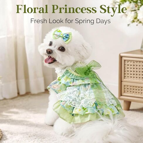 Spring Dog Dress, Floral Princess Dog Dress, Multi-Layer Ruffle Skirt with Soft Mesh & Lace Fabric, Girl Dog Clothes for Holiday, Birthday, Wedding, Party, Photoshoot (L) in Kuwait