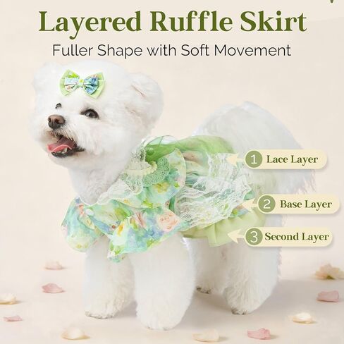 Spring Dog Dress, Floral Princess Dog Dress, Multi-Layer Ruffle Skirt with Soft Mesh & Lace Fabric, Girl Dog Clothes for Holiday, Birthday, Wedding, Party, Photoshoot (L) in Kuwait
