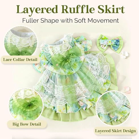 Spring Dog Dress, Floral Princess Dog Dress, Multi-Layer Ruffle Skirt with Soft Mesh & Lace Fabric, Girl Dog Clothes for Holiday, Birthday, Wedding, Party, Photoshoot (L) in Kuwait
