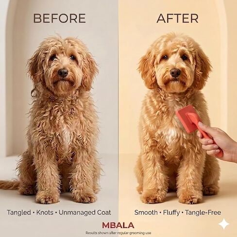 فرشاة Dog Slicker لرسومات الشعار المبتكرة و Goldendoodles و Labradoodles - فرشاة دبوس طويلة جدًا لإزالة التشابك والتخلص من التشابك - تزيل التشابك والعقد والشعر السائب - مقبض خشبي للمعاطف السميكة والمجعد (كبيرة) in Kuwait