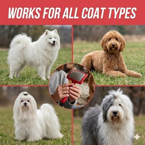 فرشاة Dog Slicker لرسومات الشعار المبتكرة و Goldendoodles و Labradoodles - فرشاة دبوس طويلة جدًا لإزالة التشابك والتخلص من التشابك - تزيل التشابك والعقد والشعر السائب - مقبض خشبي للمعاطف السميكة والمجعد (كبيرة) in Kuwait