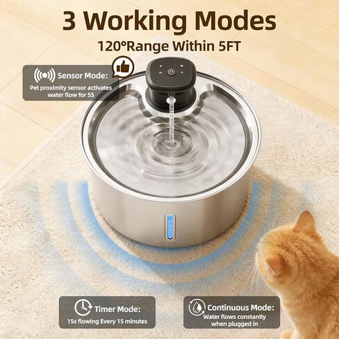 Wireless Cat Water Fountain,Cat Water Fountain Stainless Steel 3.2L/108oz Large Capacity Battery Operated Pet Water Fountain Indoor with Motion Sensor for Cats Dogs BPA-Free(P01B) in Kuwait