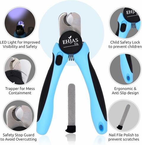 Dog Nail Clippers with LED Light & Quick Sensor, Pet Nail Trimmer with Safety Guard, Nail Catcher & Filer, Professonal Grooming Clippers for Dogs & Cats (Blue) in Kuwait