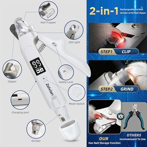 مقص ومطحنة أظافر الكلاب والقطط 2 في 1 مع ضوء LED، أداة تشذيب أظافر الحيوانات الأليفة الكهربائية منخفضة الضوضاء، قفل أمان وملتقط أظافر، قابل لإعادة الشحن عبر USB-C، 3 منافذ طحن للقطط والكلاب الصغيرة والمتوسطة in Kuwait