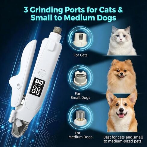 مقص ومطحنة أظافر الكلاب والقطط 2 في 1 مع ضوء LED، أداة تشذيب أظافر الحيوانات الأليفة الكهربائية منخفضة الضوضاء، قفل أمان وملتقط أظافر، قابل لإعادة الشحن عبر USB-C، 3 منافذ طحن للقطط والكلاب الصغيرة والمتوسطة in Kuwait