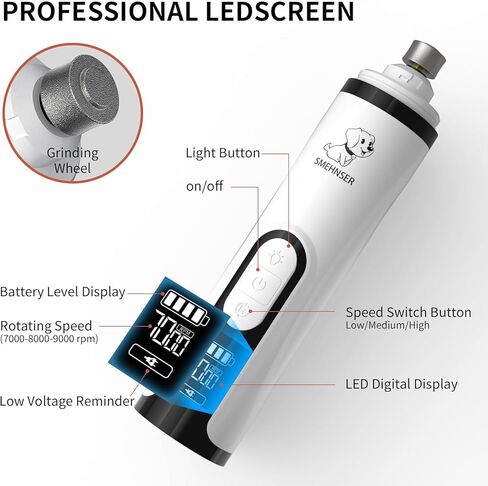 YFL Dog Nail Grinder، أداة تشذيب أظافر الحيوانات الأليفة فائقة الهدوء بثلاث سرعات مع أضواء LED، مقص أظافر كهربائي منخفض الاهتزاز للكلاب والقطط، كفوف غير مؤلمة وتنعيم الحيوانات الأليفة الصغيرة والمتوسطة والكبيرة in Kuwait