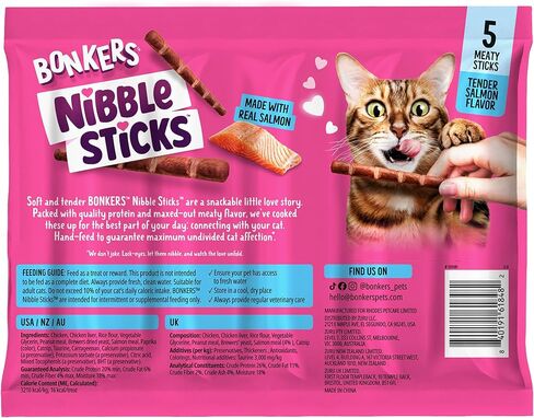 Bonkers Nibble Sticks Soft & Meaty Tender Salmon Flavor Cat Treats, 5 Sticks (Pack of 20) in Kuwait