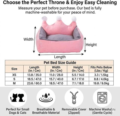 Cute Crown Pet Princess Beds for Small Dogs Luxurious Crown Dog Priness Beds Winter Warm Puppy Cat Sofa Bed Shih Tzu Yorkies Kennels Removable Mascotas Supplies (Pink Crown, S Below 4.0kg) in Kuwait