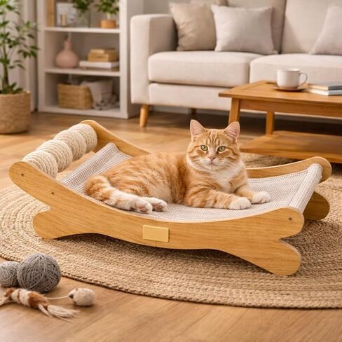 Cat Scratcher Bed Bone Shape Wooden Cat Sofa Bed with Ball Toy Indoor Cat Scratching Lounge Bed Durable Pet Recliner for Cats in Kuwait