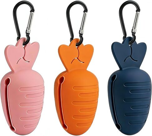 Dog Poop Bag Holder for Leash with Hands-Free Clip, 3 Pack Cute Carrot Silicone Bag Dispenser with Metal Carabiner, Quiet Walking Accessories (Pink, Orange, Blue) in Kuwait