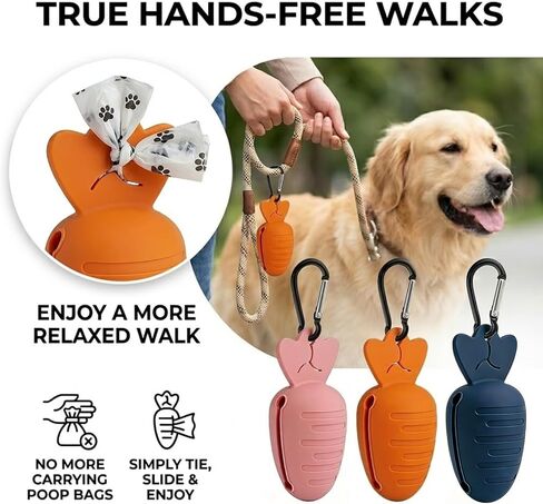Dog Poop Bag Holder for Leash with Hands-Free Clip, 3 Pack Cute Carrot Silicone Bag Dispenser with Metal Carabiner, Quiet Walking Accessories (Pink, Orange, Blue) in Kuwait