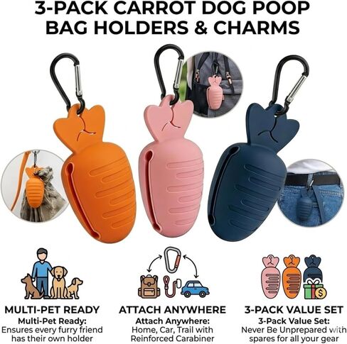 Dog Poop Bag Holder for Leash with Hands-Free Clip, 3 Pack Cute Carrot Silicone Bag Dispenser with Metal Carabiner, Quiet Walking Accessories (Pink, Orange, Blue) in Kuwait