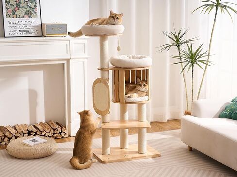 Modern Solid Wood Cat Tree for Indoor Cats Large Adult, 50in Tall Cat Tower with Sisal Scratching Posts, Cat Scratcher Cardboard, Cozy Cat Beds Cave Condo, Multi-Level Cat Furniture in Kuwait