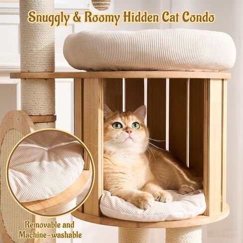 Modern Solid Wood Cat Tree for Indoor Cats Large Adult, 50in Tall Cat Tower with Sisal Scratching Posts, Cat Scratcher Cardboard, Cozy Cat Beds Cave Condo, Multi-Level Cat Furniture in Kuwait