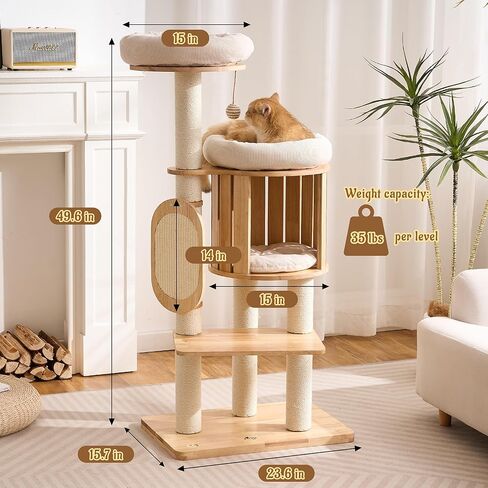 Modern Solid Wood Cat Tree for Indoor Cats Large Adult, 50in Tall Cat Tower with Sisal Scratching Posts, Cat Scratcher Cardboard, Cozy Cat Beds Cave Condo, Multi-Level Cat Furniture in Kuwait