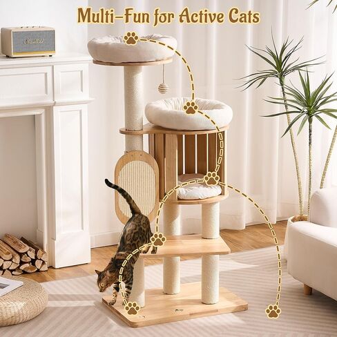 Modern Solid Wood Cat Tree for Indoor Cats Large Adult, 50in Tall Cat Tower with Sisal Scratching Posts, Cat Scratcher Cardboard, Cozy Cat Beds Cave Condo, Multi-Level Cat Furniture in Kuwait