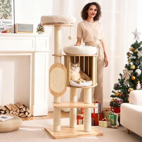 Modern Solid Wood Cat Tree for Indoor Cats Large Adult, 50in Tall Cat Tower with Sisal Scratching Posts, Cat Scratcher Cardboard, Cozy Cat Beds Cave Condo, Multi-Level Cat Furniture in Kuwait