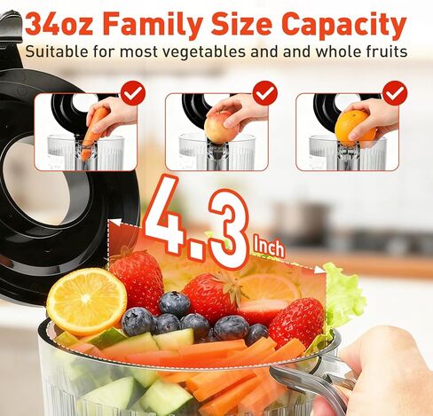 Cold Press Juicer - 34oz Juicer Machines with 4.3" Wide Feed Chute, Slow Masticating Juicer for Fruits and Vegetables, 99% High Juice Yield, Reverse Function, Dishwasher Safe in Saudi Arabia